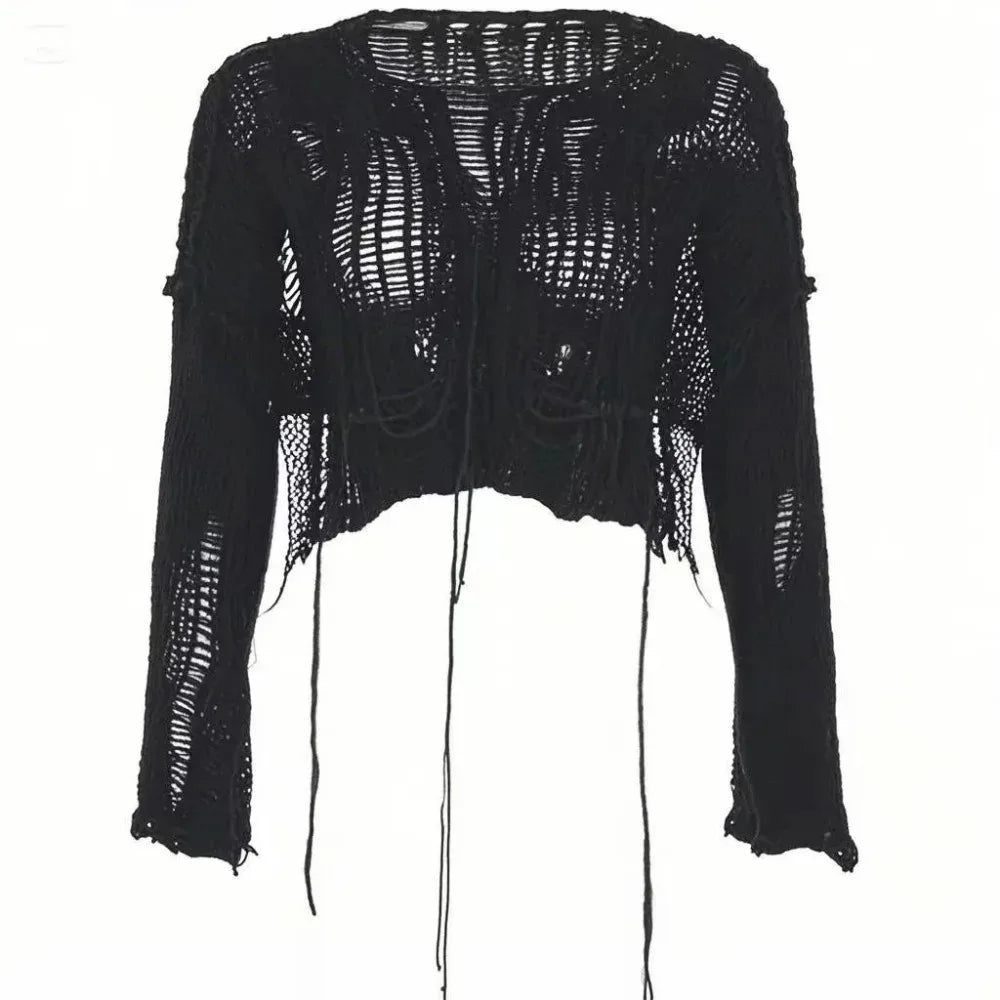 Women's Distressed Open Knit Cropped Pullover Crop Top