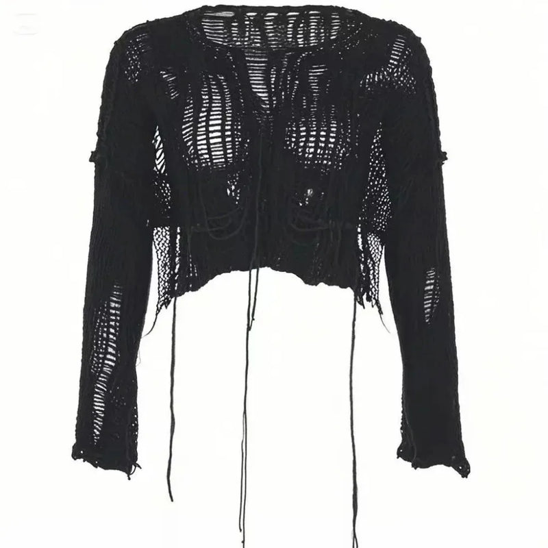 Women's Distressed Open Knit Cropped Pullover Crop Top