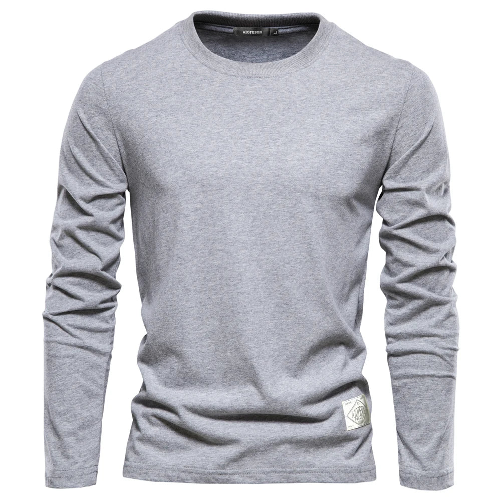 Men's Solid Cotton Crewneck Long-Sleeve T-Shirt