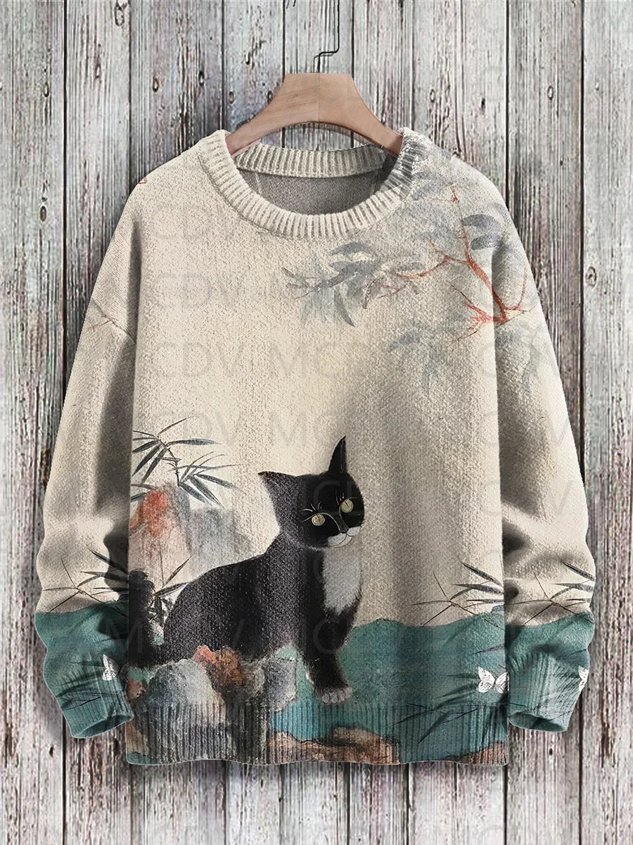 Japanese Art-Print Crewneck Knit Sweater