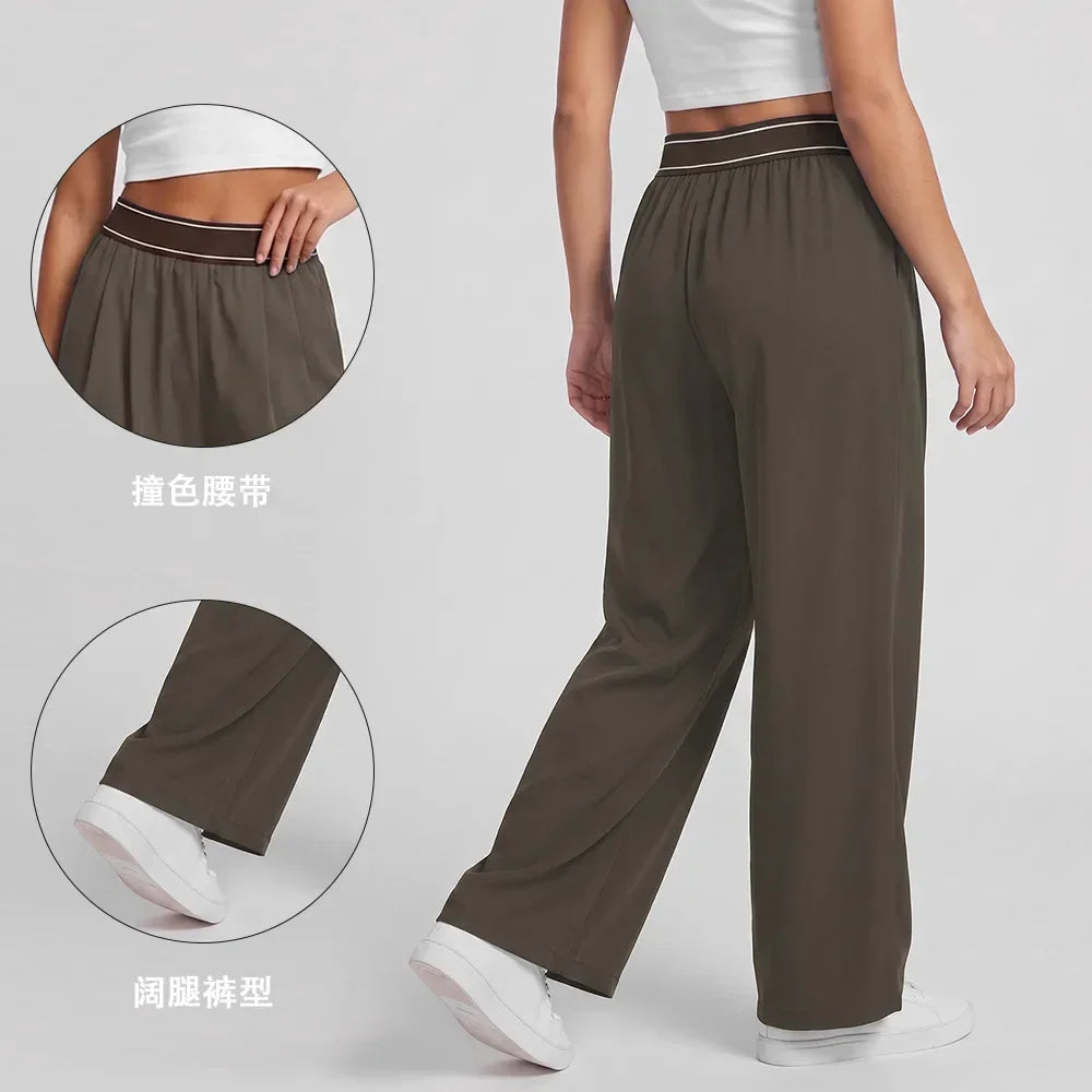 Women's Drawstring Waist Polyester Blend Wide Leg Pants for Casual Workouts