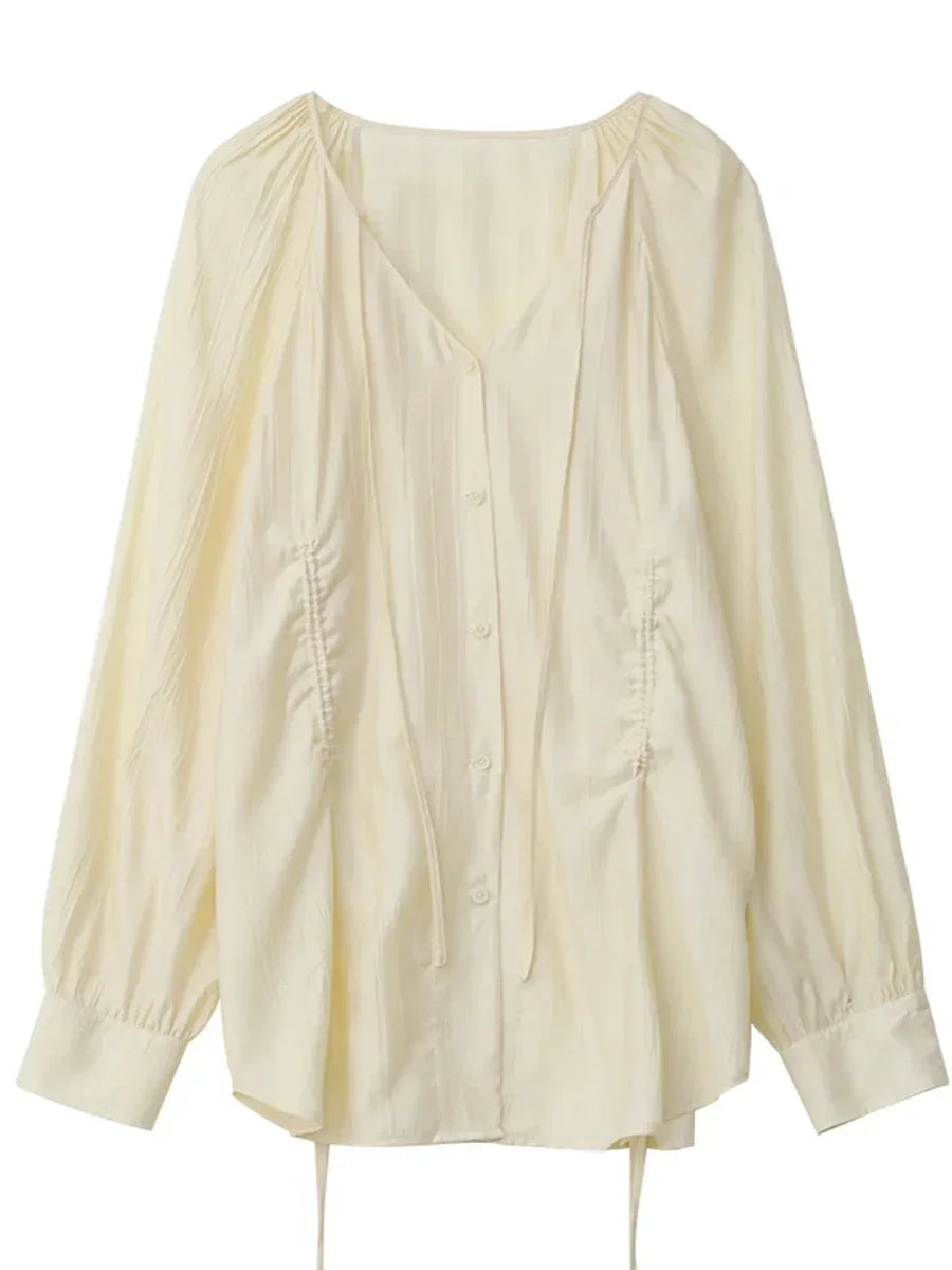 Women's V Neck Loose Blouse with Tie Cuffs