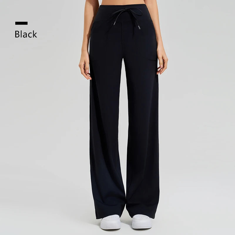 Women's Drawstring Waist Nylon Blend Wide Leg Workout Pants with Pockets