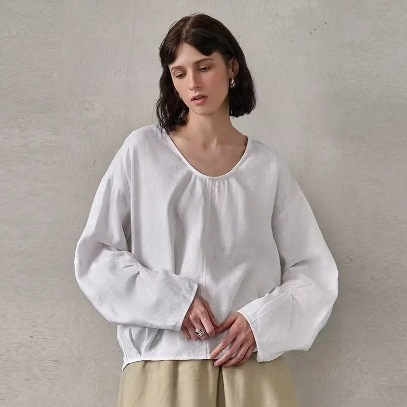 Women's Linen Long-Sleeve Pullover Blouse with Loose Silhouette for Casual Everyday Outfits