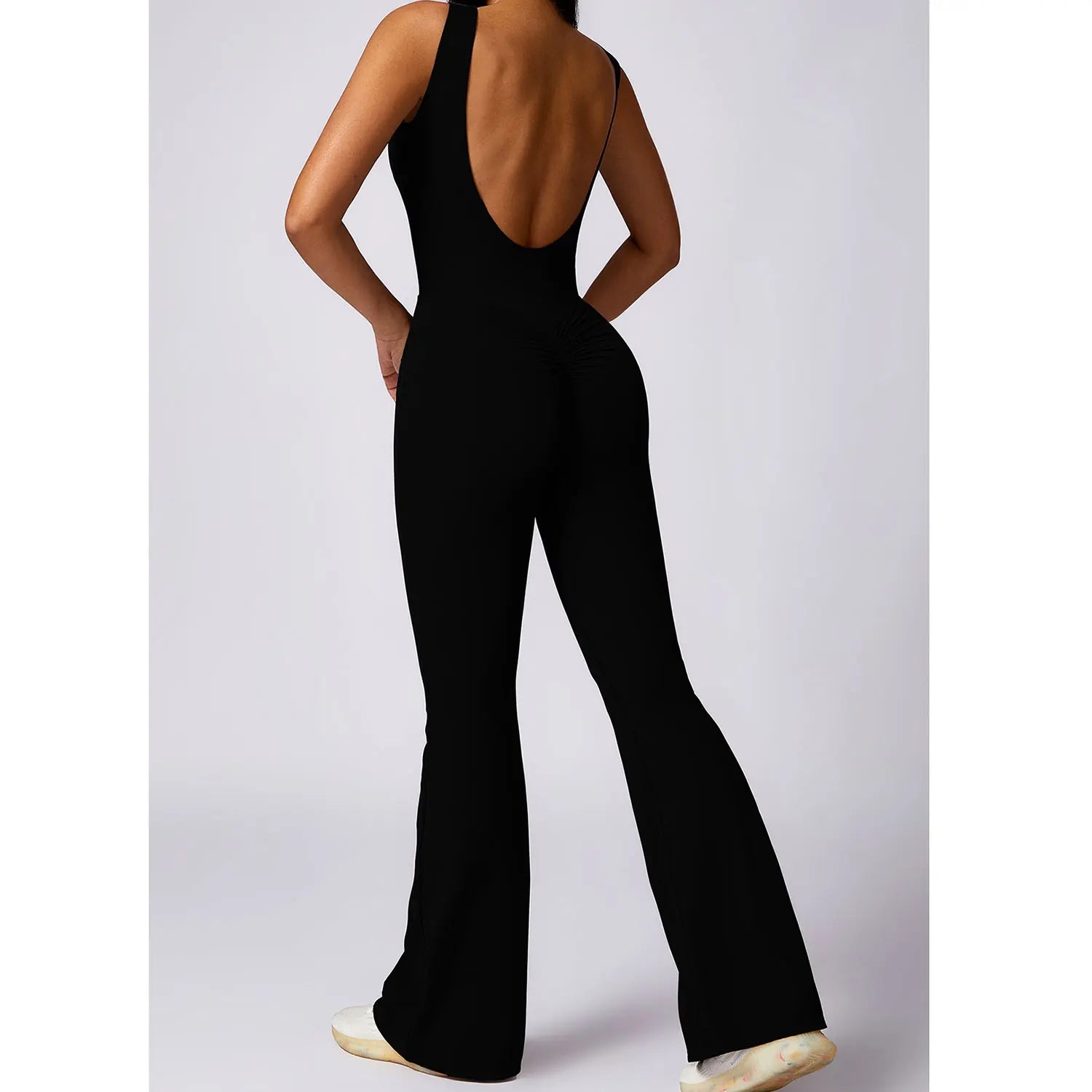 Women's High Neck Nylon Blend Flared Workout Jumpsuit with Scoop Back