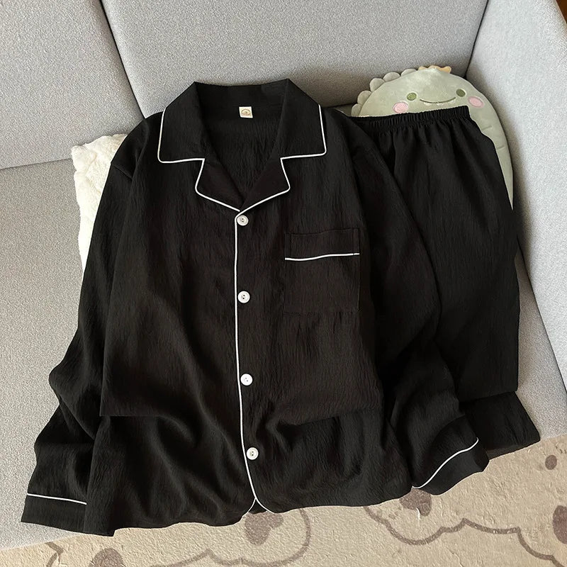Men's Solid Contrast Trim Button Front Shirt and Pants Pajama Set