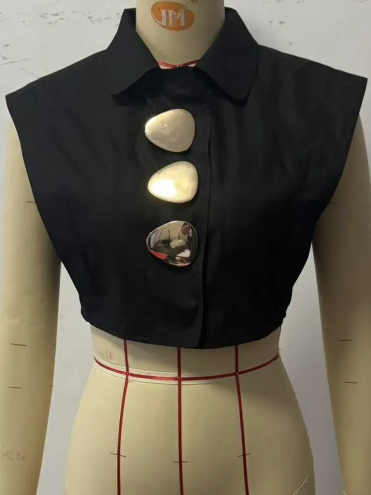 Women's Polyester Solid Sleeveless Short Collared Blouse with Decorative Buttons for Summer