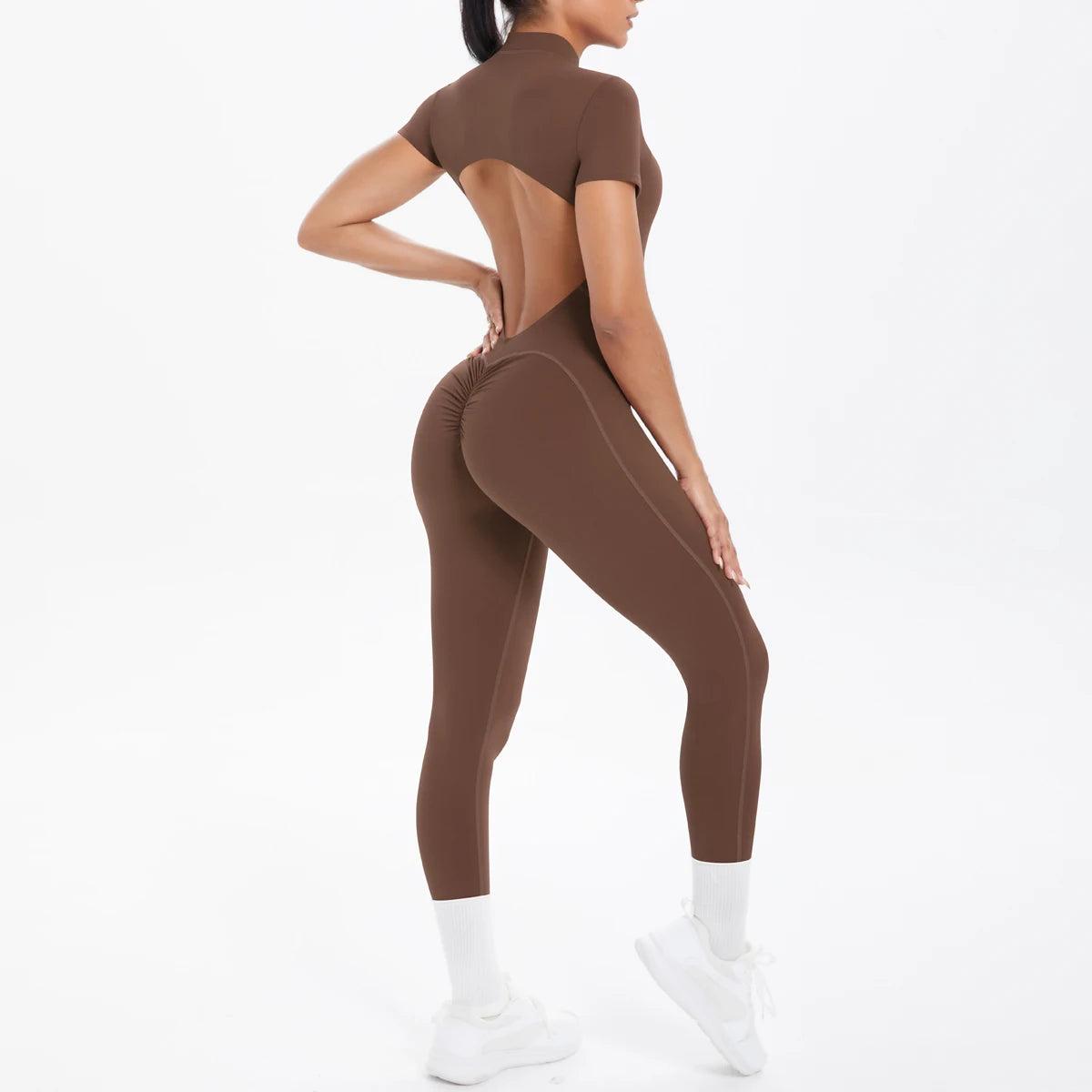 Women's Zip Front Nylon Blend Workout Jumpsuit with Open Back and Sleeve Options