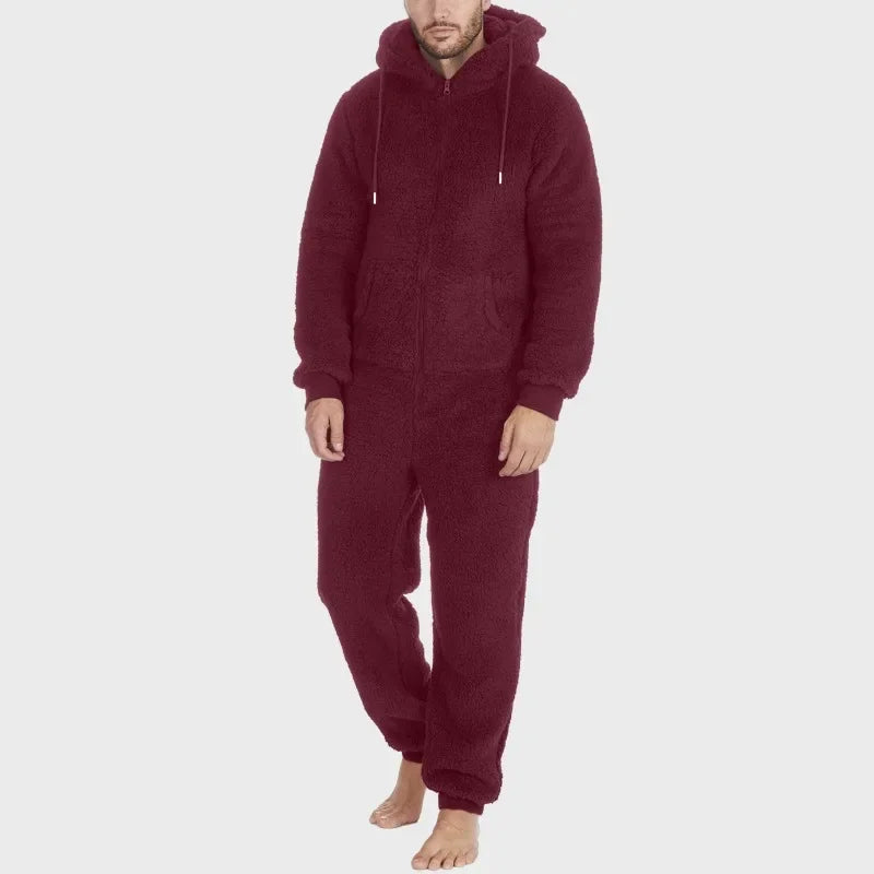 Men's Hooded Zip Front Long Sleeve Plush Pajama Jumpsuit