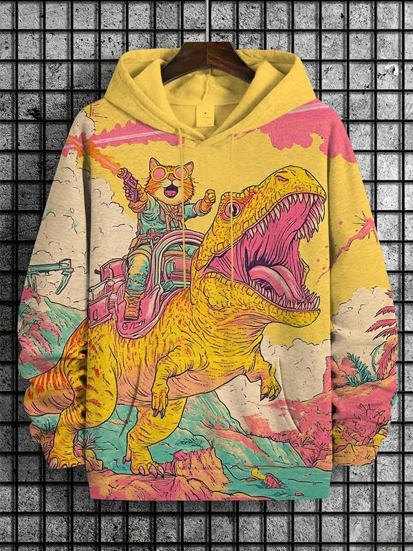 Cat Dinosaur and UFO Graphic Long-Sleeve Pullover Hoodie