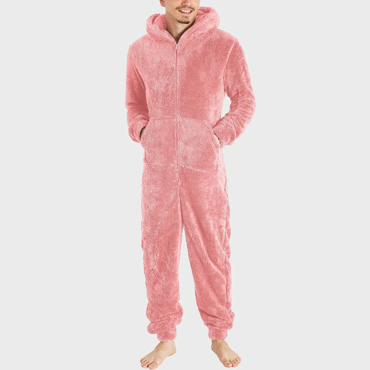 Men's Hooded Zip Front Long Sleeve Plush Pajama Jumpsuit