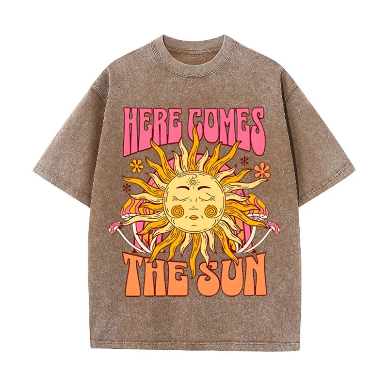 Vintage Black Here Comes The Sun T Shirt Retro Psychedelic Sun Acid Wash Tee
