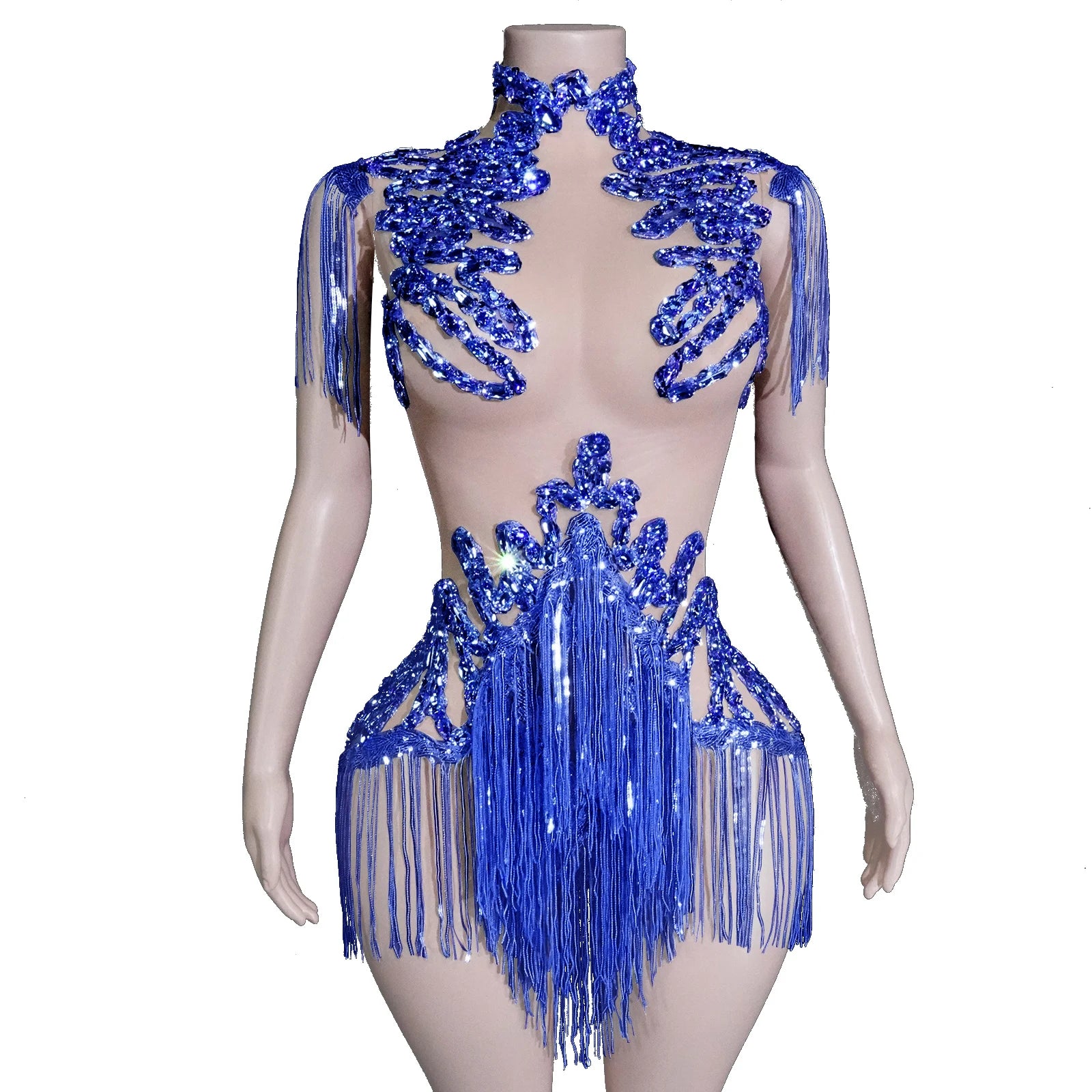 Women's Rhinestone Fringe Mesh Dance Bodysuit for Stage Costume Outfits