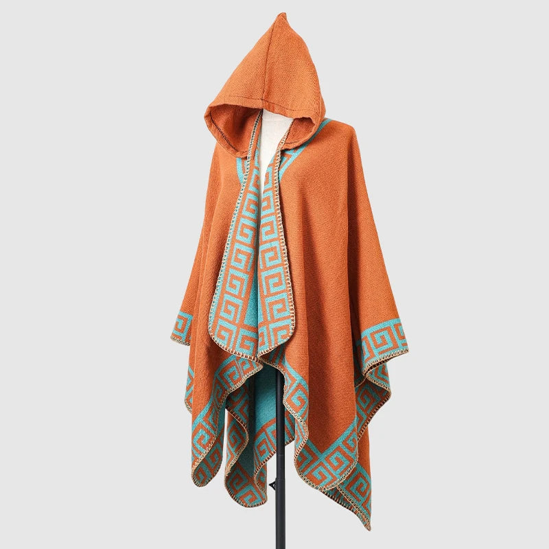 Hooded Geometric Border Poncho for Layering over Outfits