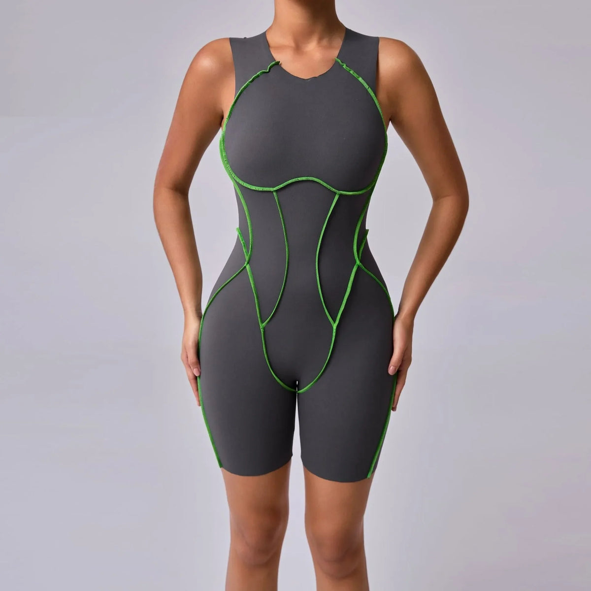 Women's High Neck Nylon Workout Romper with Racerback and Contrast Seams