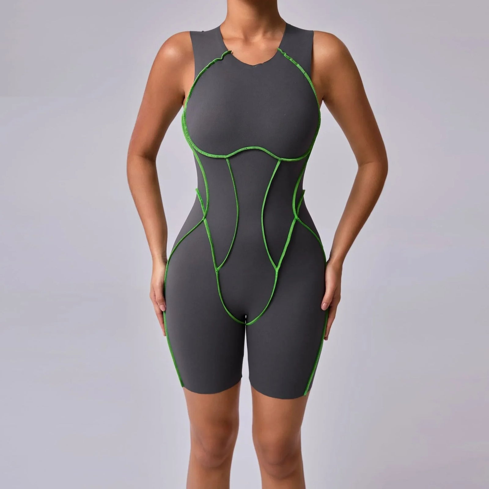 Women's High Neck Nylon Workout Romper with Racerback and Contrast Seams