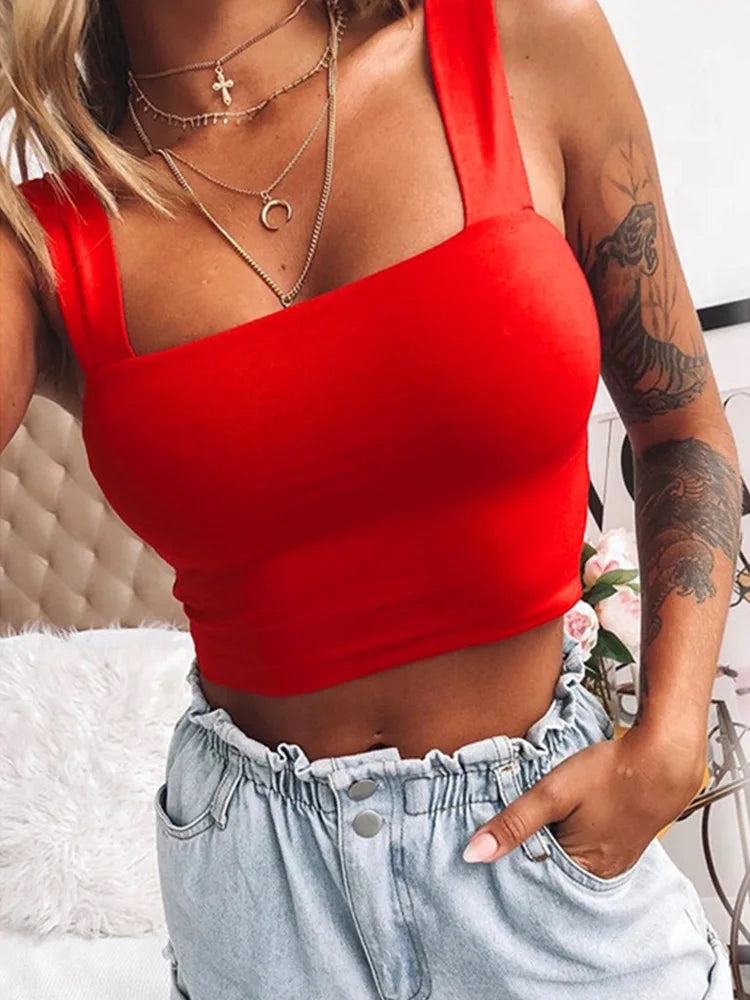 Women's Square Neck Crop Top with Wide Shoulder Straps and Cropped Length