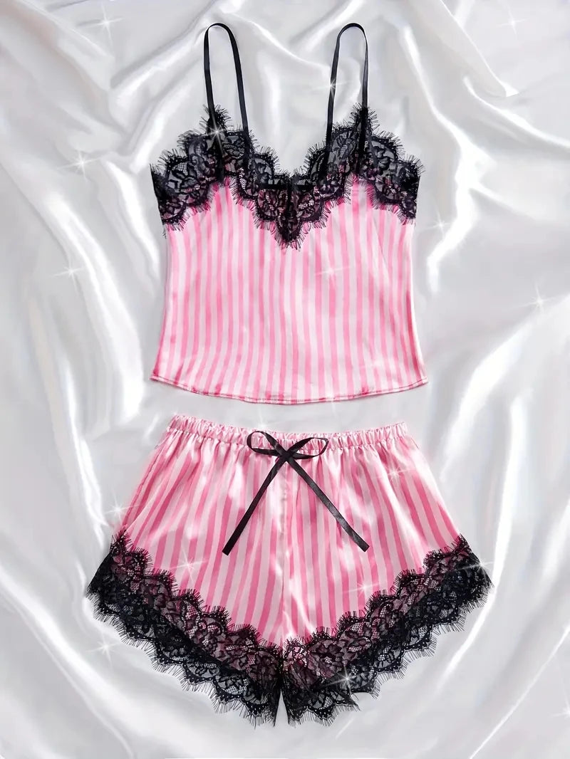 Women's Lace Trim Striped Cami Pajama Set with Top and Shorts