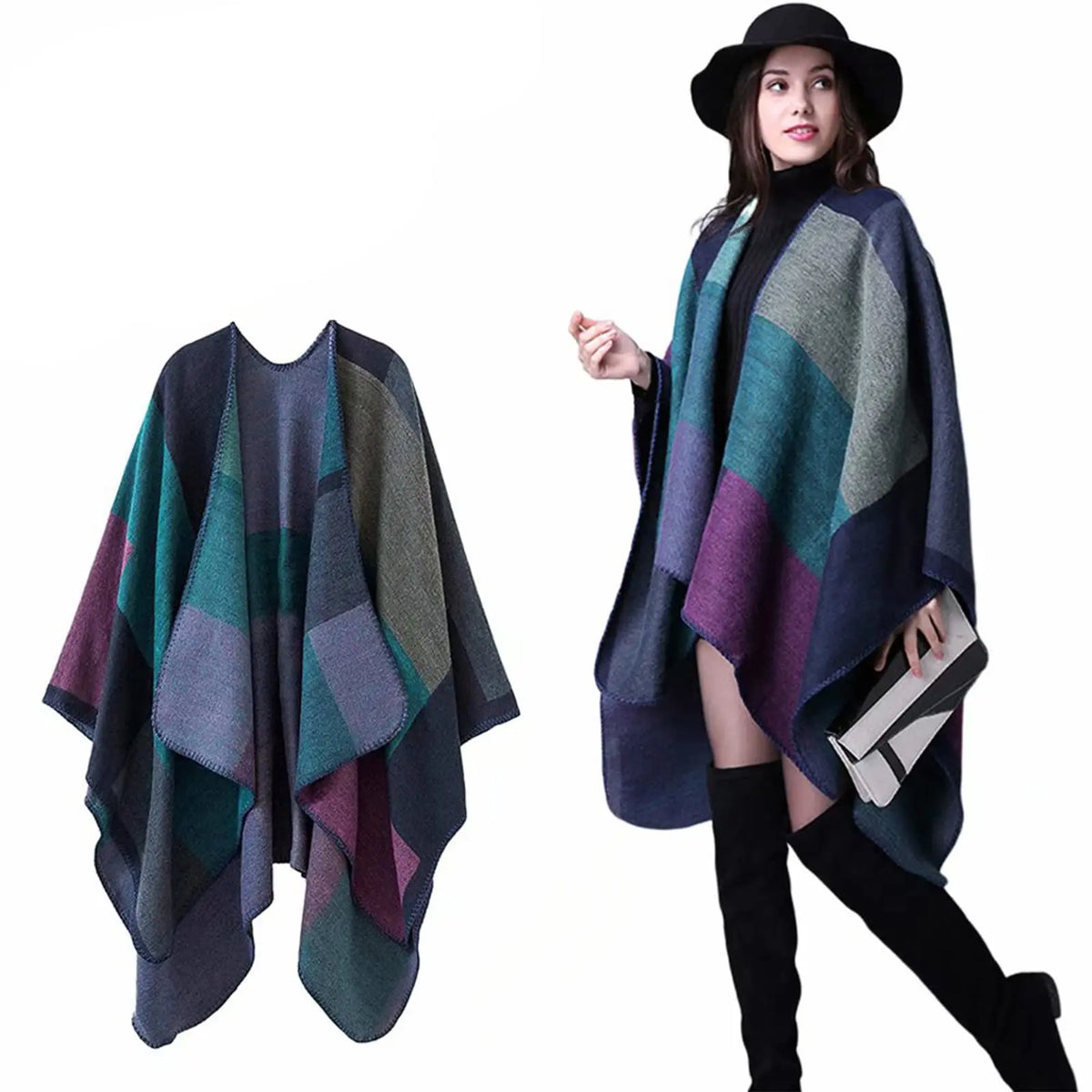 Block Plaid Open Front Poncho for Layering over Outfits