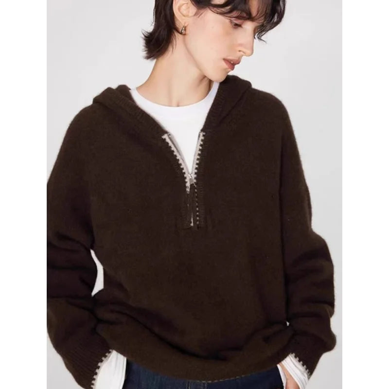 High-end half-zipper hooded 100% cashmere knitted sweater women loose and thick sweater base hoodie top