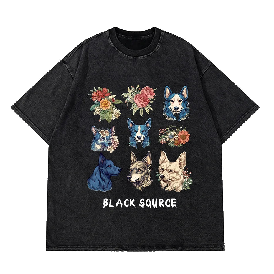 Gothic Dog Letter Print Vintage Washed Oversized T-Shirt