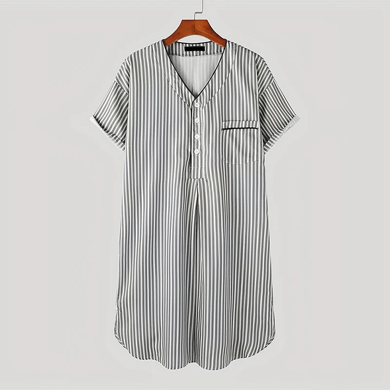 Men's Striped Short Sleeve Button Neck Lounge Nightdress