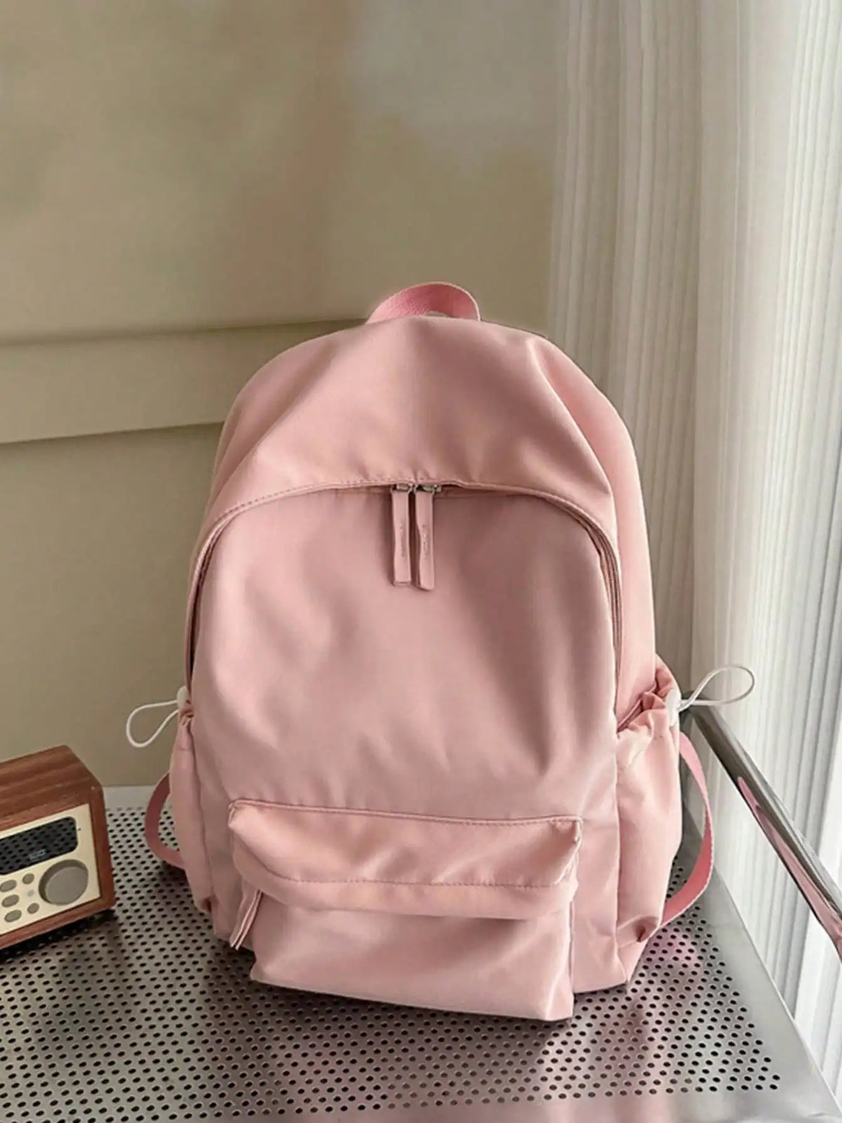 Solid Colour Student Backpack with Front Zipper Pocket and Top Handle