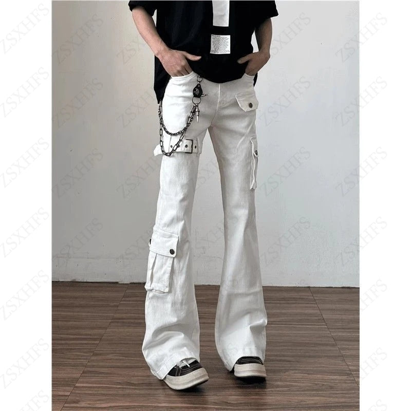 Women's Flared Cargo Pants with Side Pockets and Strap Details