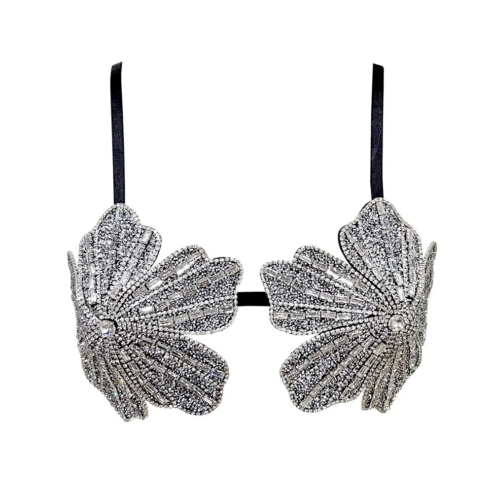 Women's Floral Embellished Bra Top with Decorative Beading and an Open Design