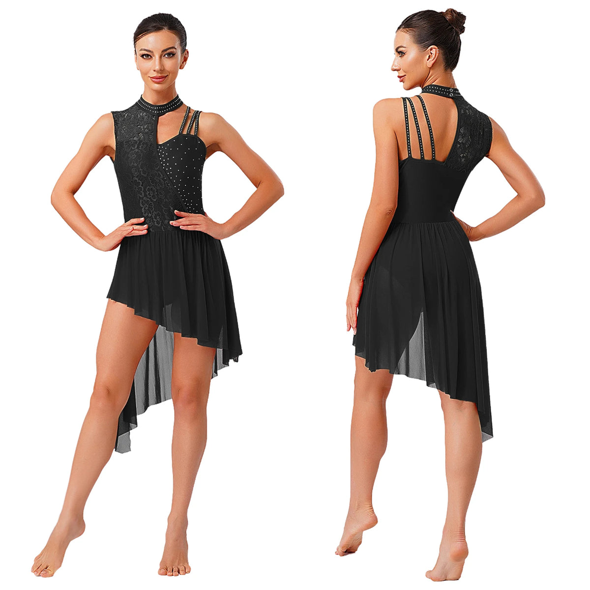 Women's Floral Lace Dance Dress with Rhinestones and Asymmetric Mesh Skirt