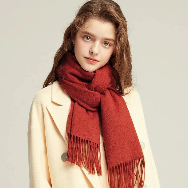 Solid Long Wool Scarf with Decorative Fringed Ends