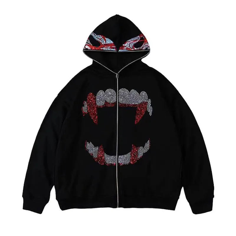 Rhinestone-Detail Long-Sleeve Zip-Front Hoodie