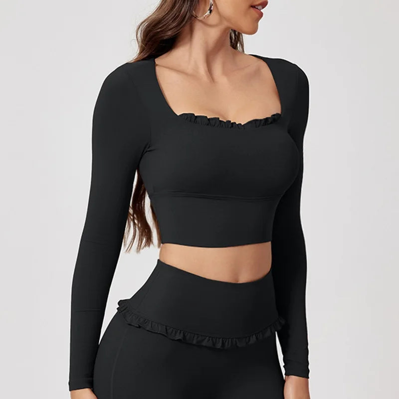 Women's Scalloped Square-Neck Long-Sleeve Workout Crop Top