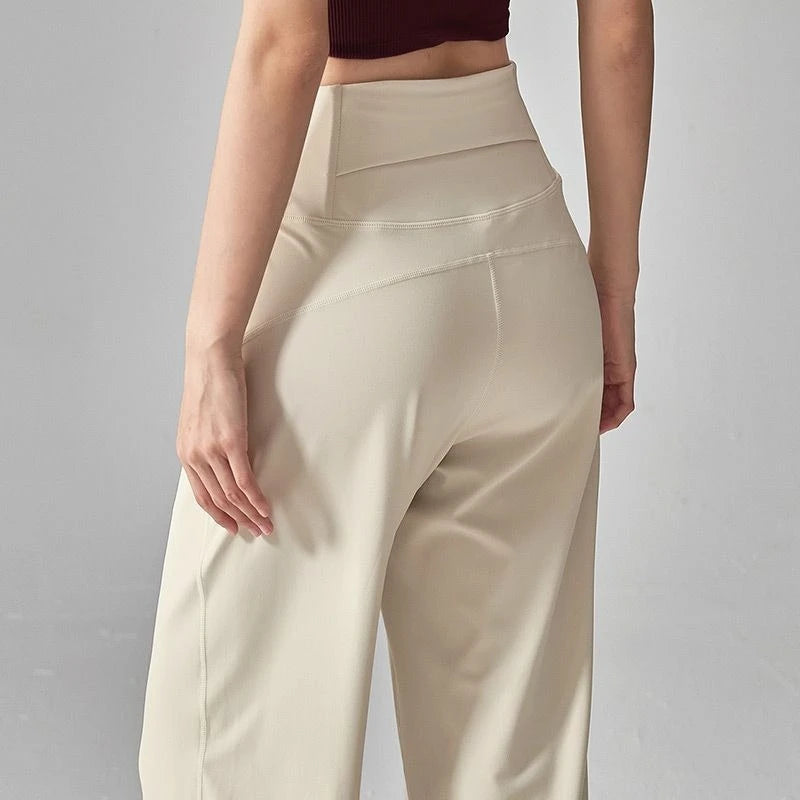 Women's Crossover Waist Nylon Blend Wide Leg Pants with Side Pockets