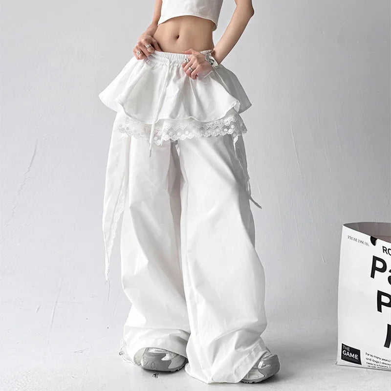 Women's Wide Leg Pants with Layered Lace Trim and Cargo Pockets