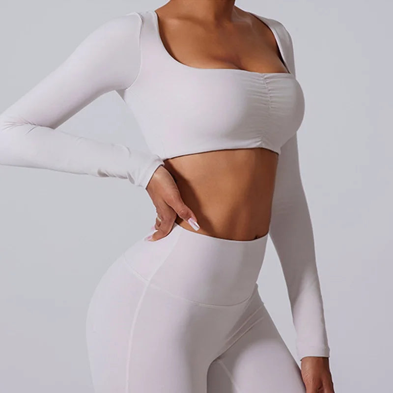 Women's Long-Sleeve Crop Top and Flared Pants Workout Set