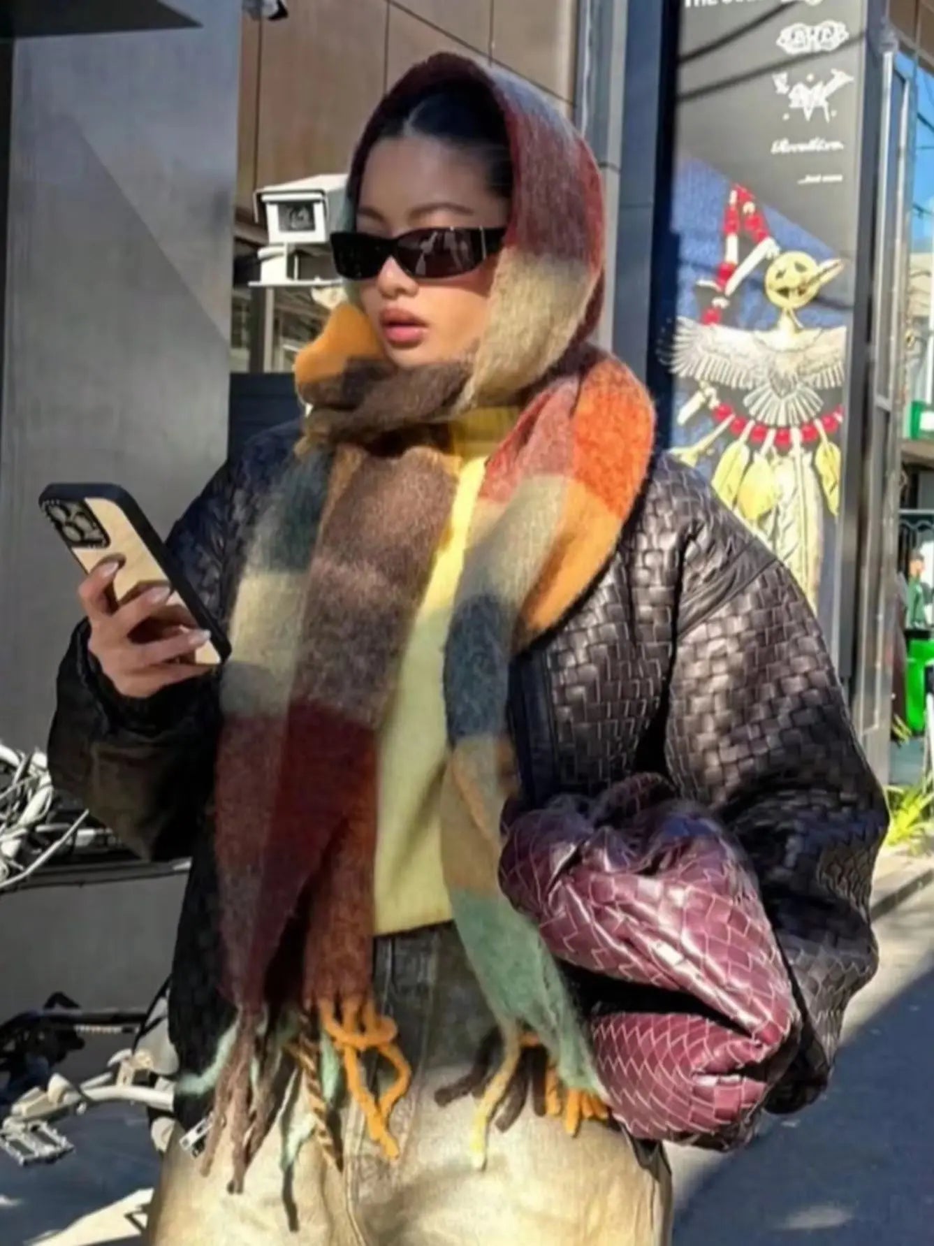 Multicolor Plaid Scarf with Long Shape and Fringed Ends
