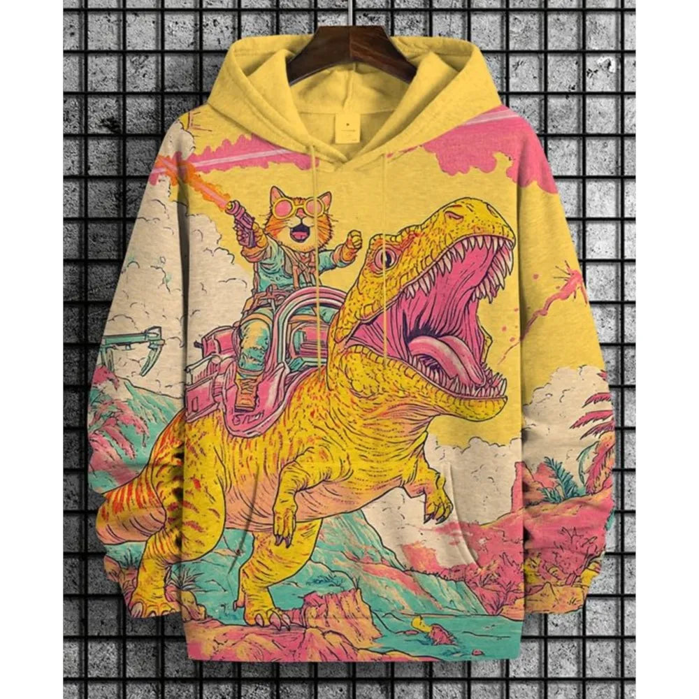 Cat Dinosaur and UFO Graphic Long-Sleeve Pullover Hoodie