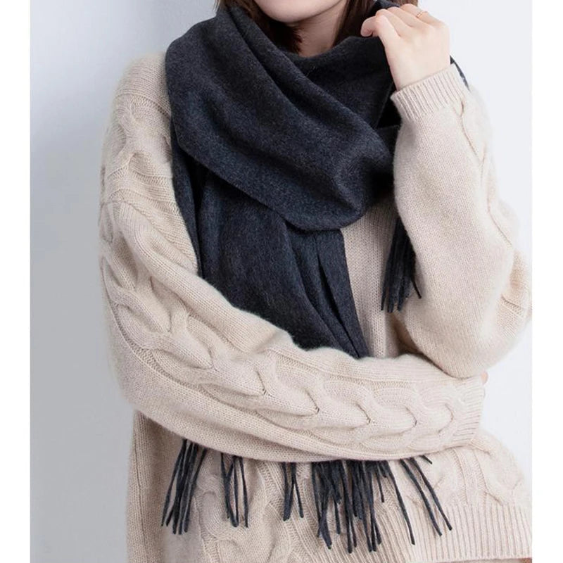 Solid Long Wool Scarf with Decorative Fringed Ends