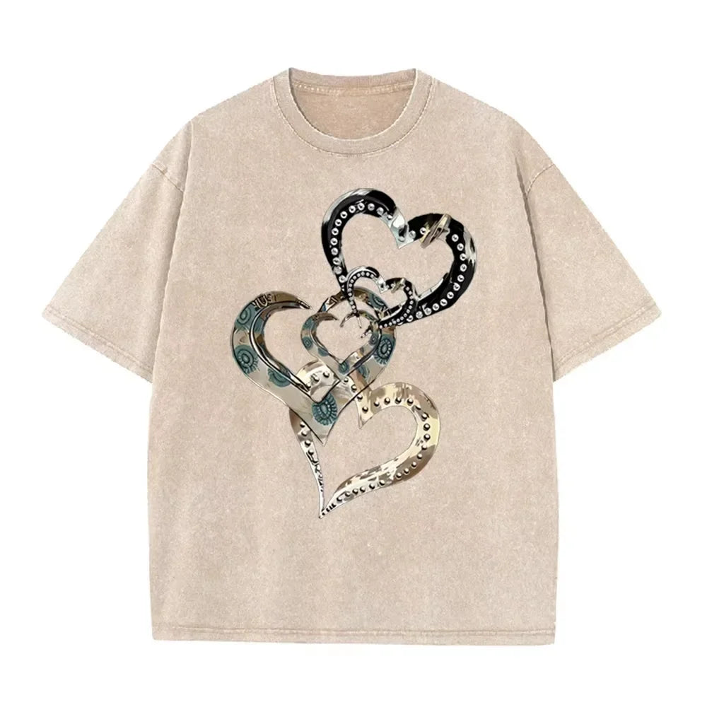 Retro Acid Wash Oversized T-shirt Metallic Multi Heart Print Punk Rivet Design Casual Street Tops