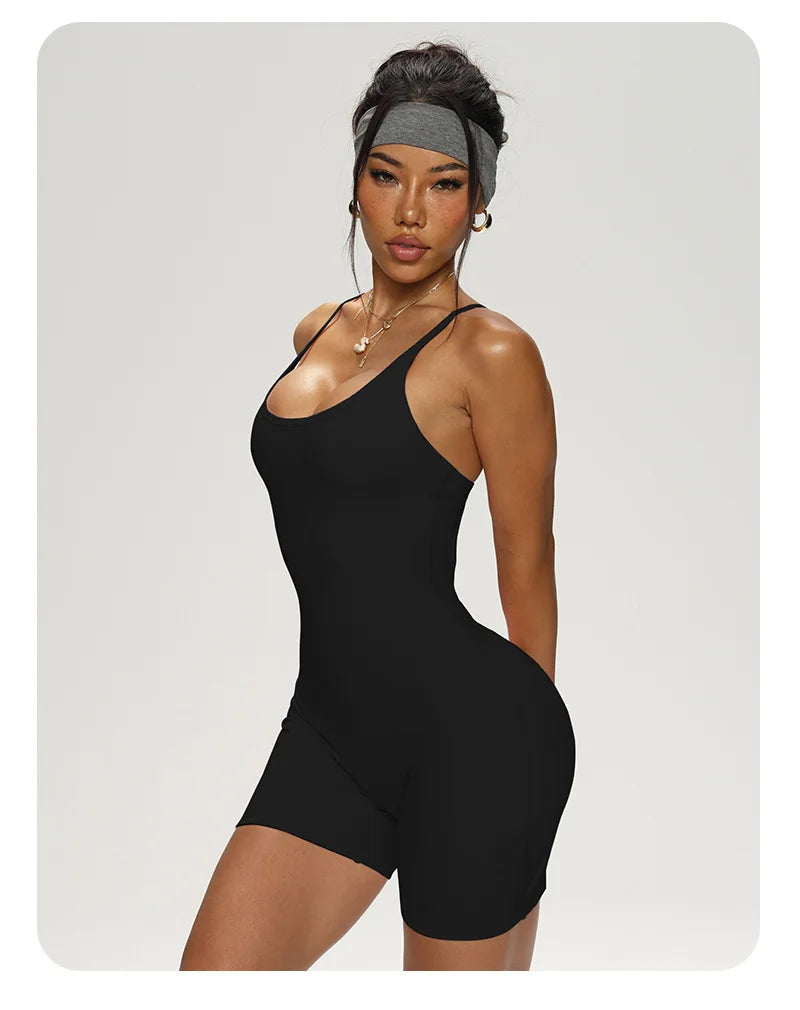 Women's Ribbed Nylon Blend Workout Romper with Lace Up Open Back