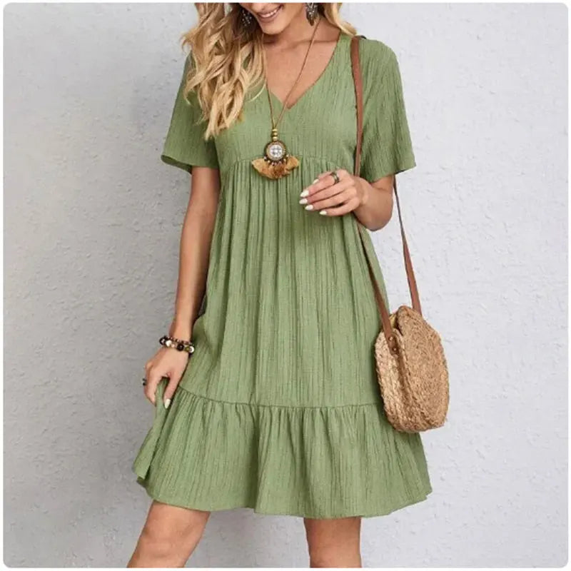 Women's V Neck Short Sleeve Ruffle Mini Dress For Casual Outfits