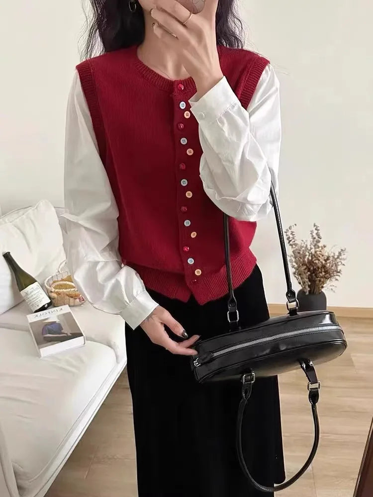 European goods color button cashmere knit vest cardigan women spring and autumn new round neck sleeveless sweater vest
