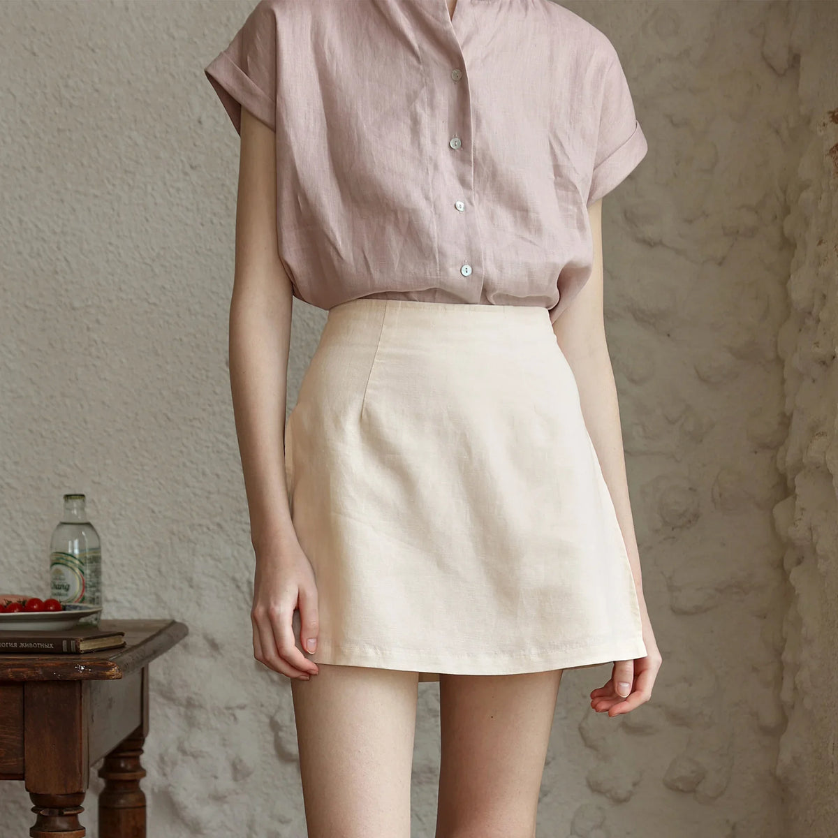 Women's Cotton-Linen High-Waist Skort with Zipper Fly for Casual Summer Everyday Outfits