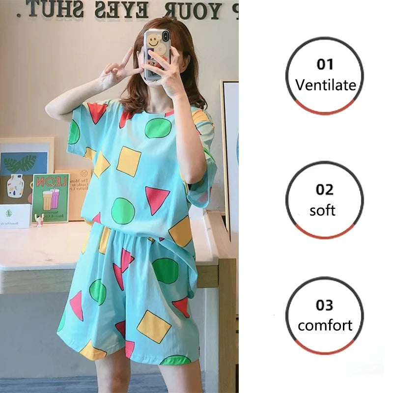 Women's Geometric Print Short Sleeve Pajama Set with Top and Shorts