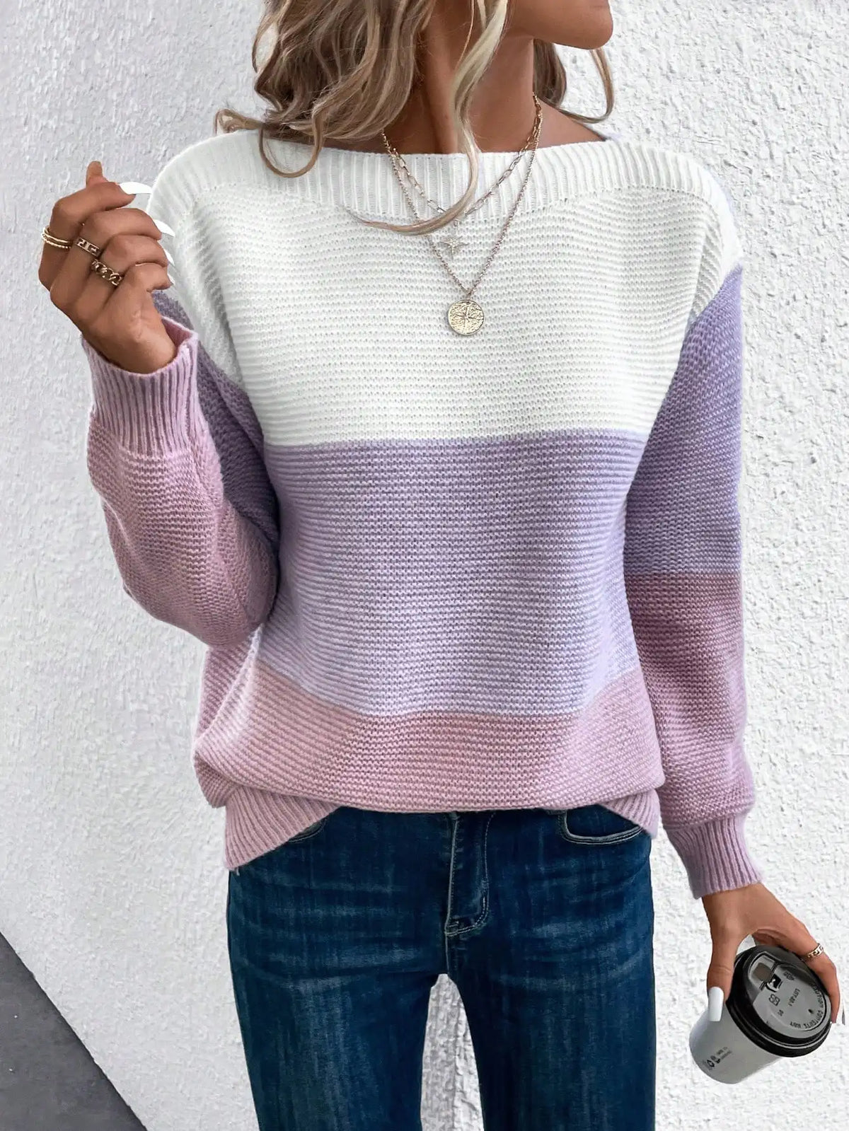 Women's Acrylic Color-Block Striped Long-Sleeve Knit Pullover Sweater for Everyday Autumn Outfits