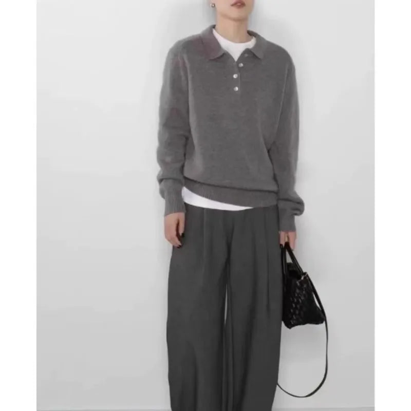 Elegant POLO semi-open neck 100%wool knitted sweater women loose long-sleeved base sweater autumn and winter