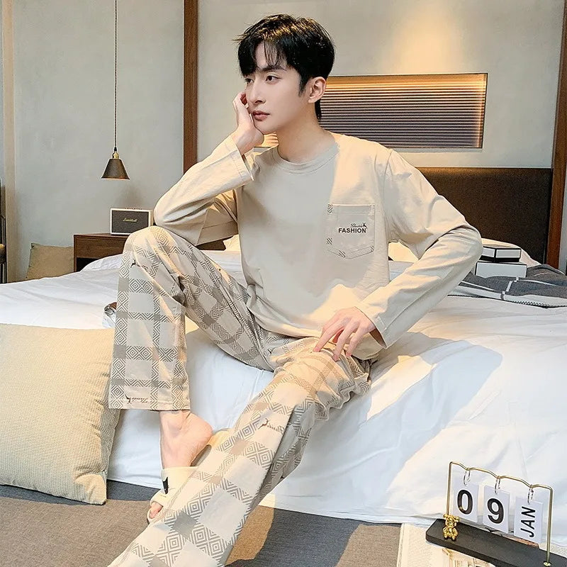 Men's Printed Long Sleeve Crew Neck Top and Pants Pajama Set