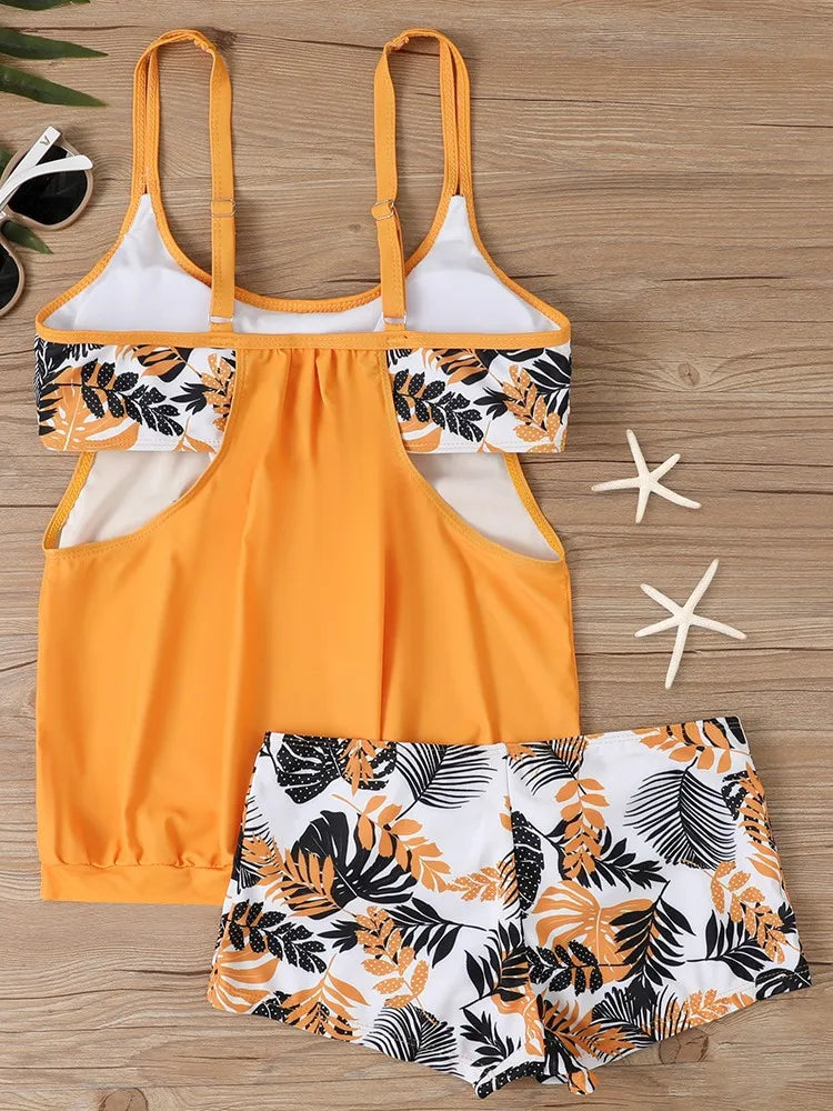 Women's Printed Blouson Tankini Top and Shorts Swim Set