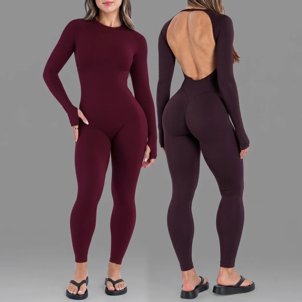 Women's Open Back Nylon Blend Workout One Piece with Sleeve and Length Options
